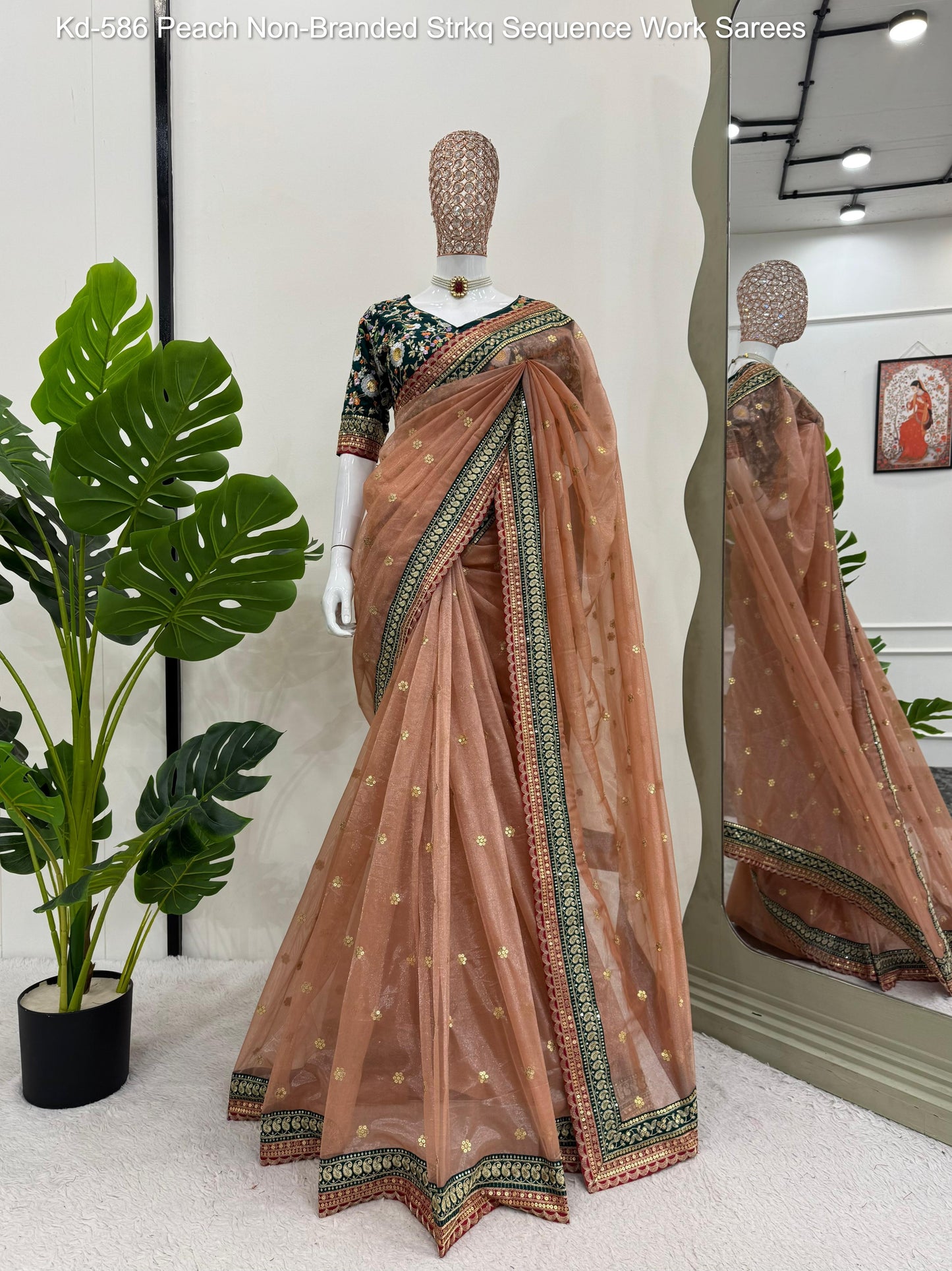 Kd-586 Peach Non-Branded Strkq Sequence Work Sarees