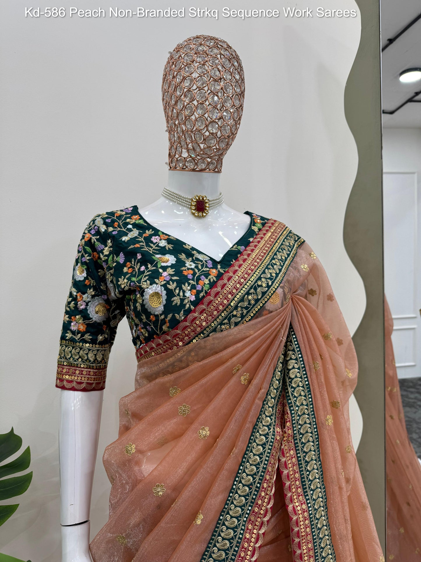Kd-586 Peach Non-Branded Strkq Sequence Work Sarees