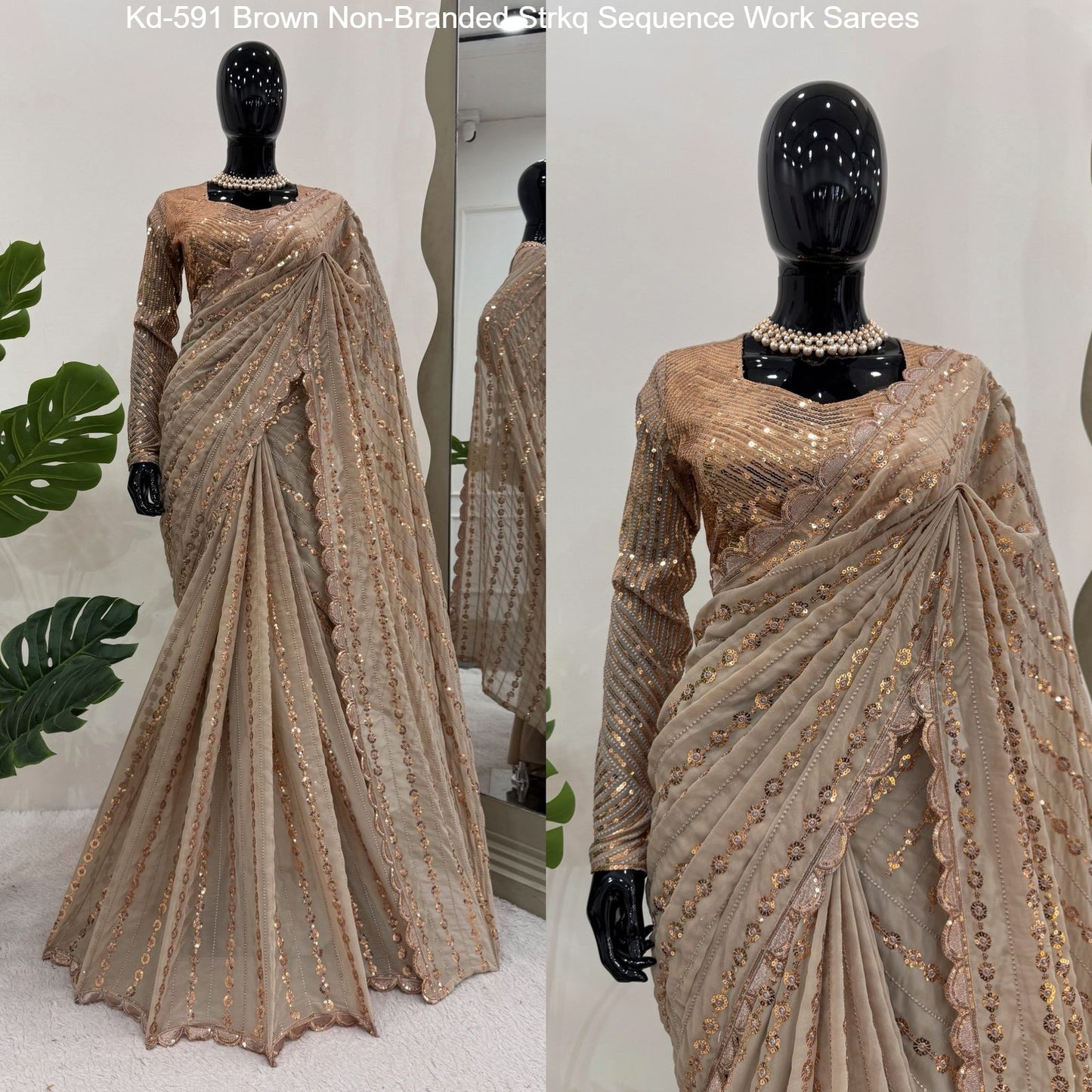 Kd-591 Brown Non-Branded Strkq Sequence Work Sarees