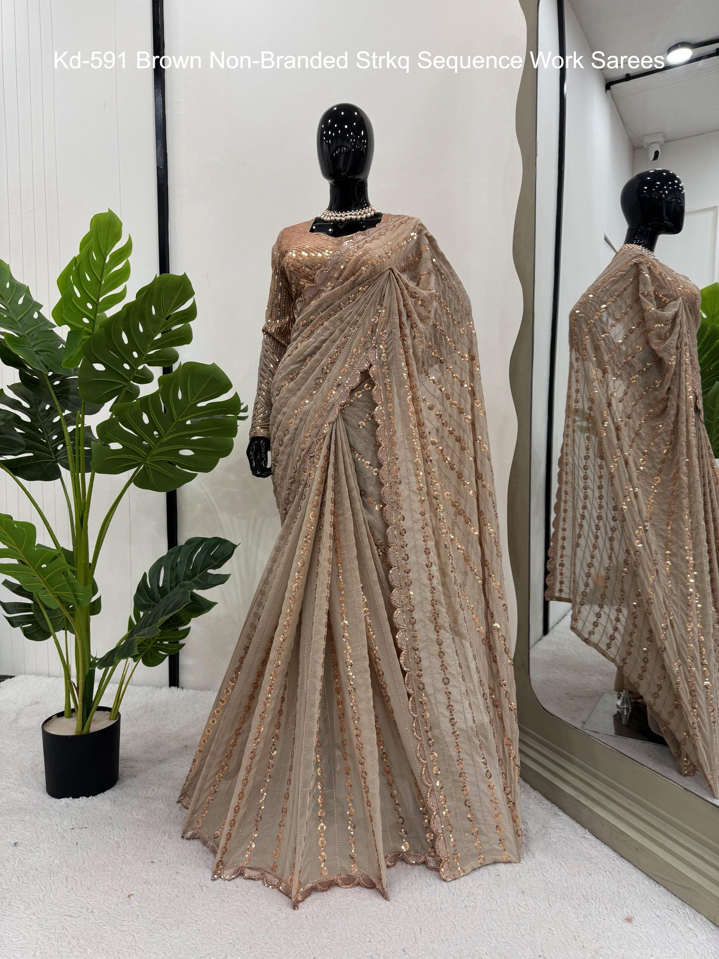 Kd-591 Brown Non-Branded Strkq Sequence Work Sarees