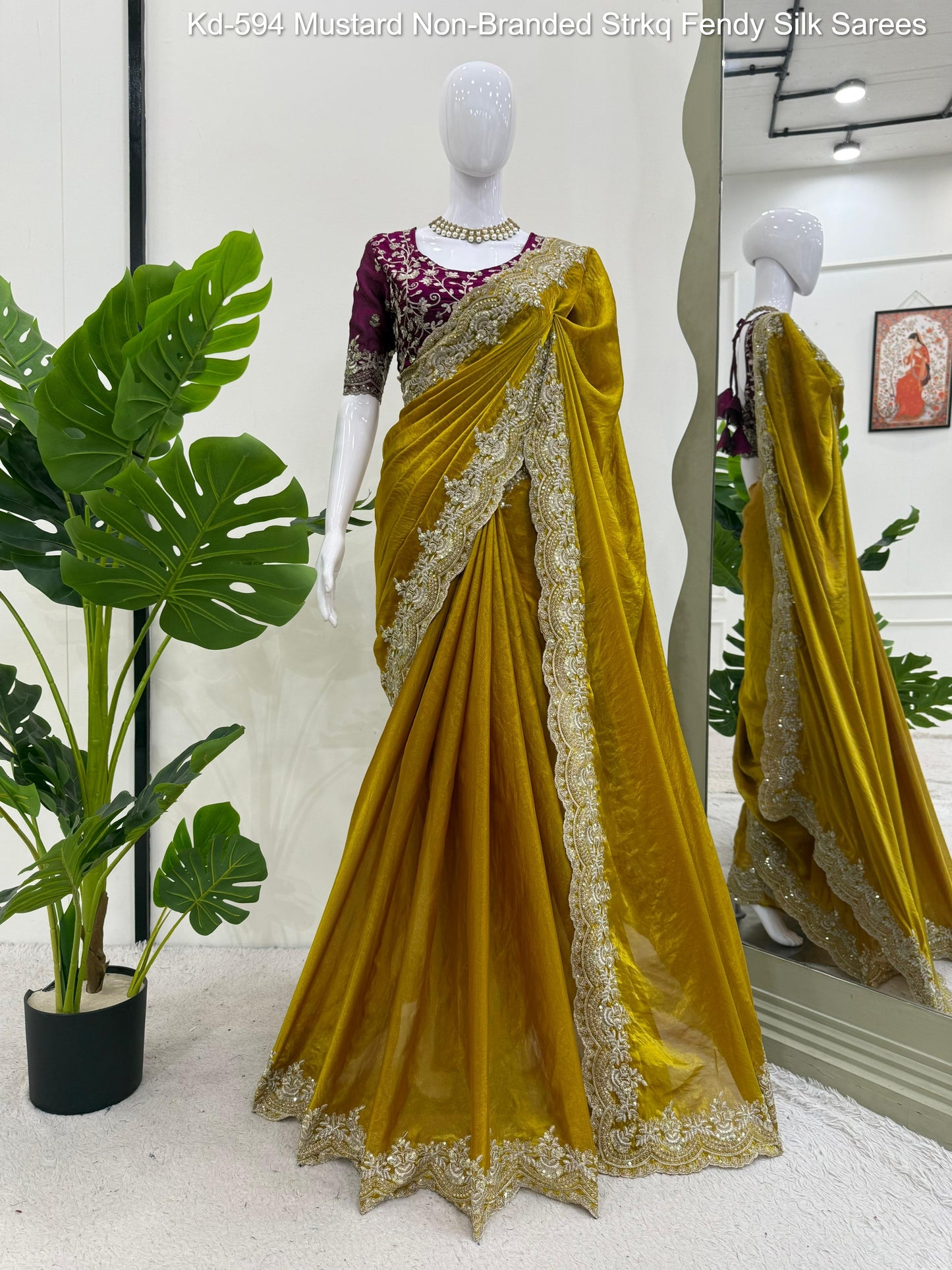 Kd-594 Mustard Non-Branded Strkq Fendy Silk Sarees