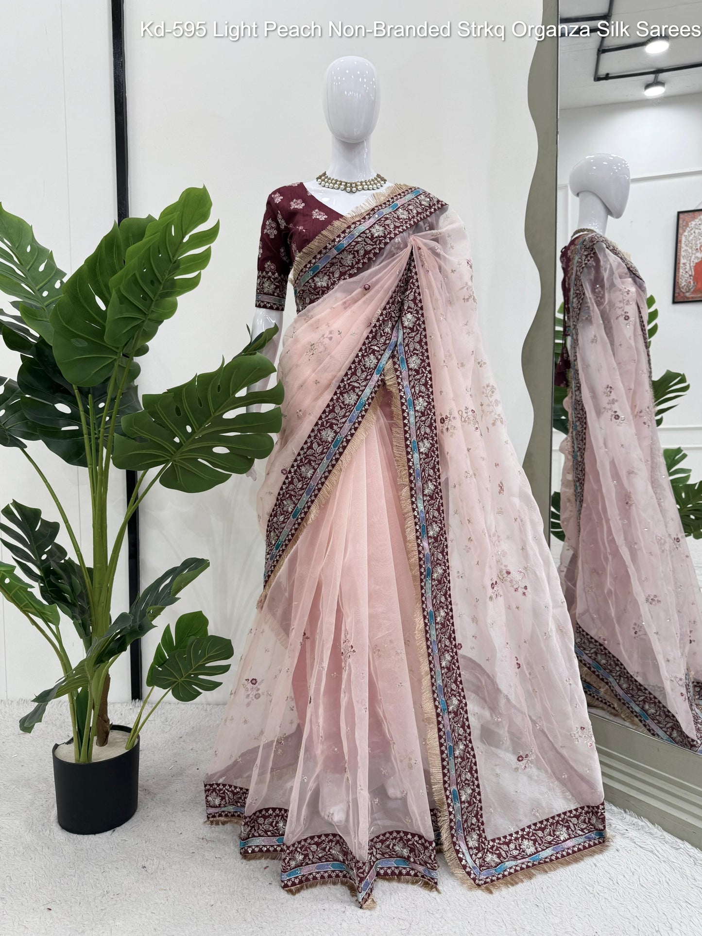 Kd-595 Light Peach Non-Branded Strkq Organza Silk Sarees