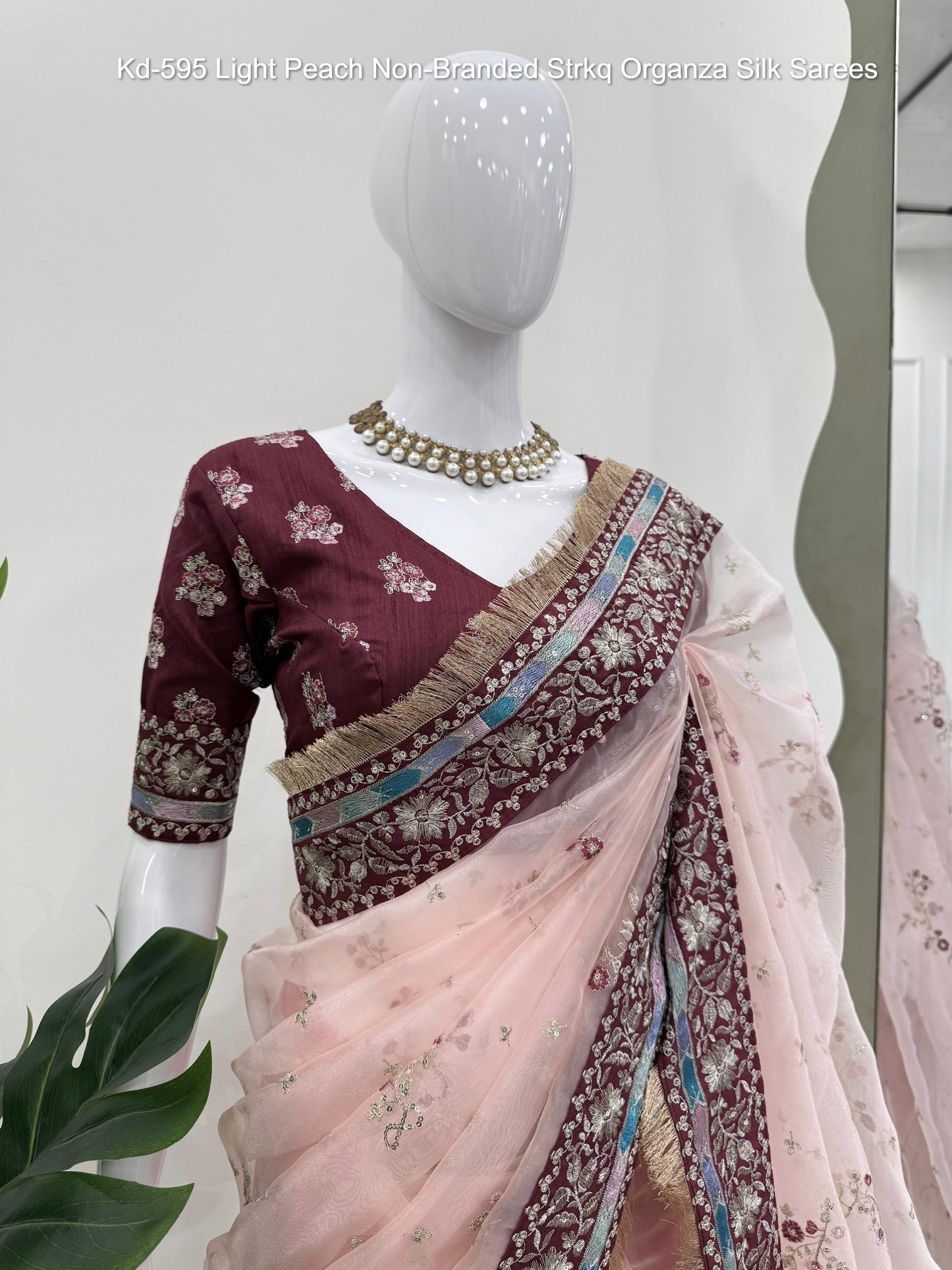 Kd-595 Light Peach Non-Branded Strkq Organza Silk Sarees