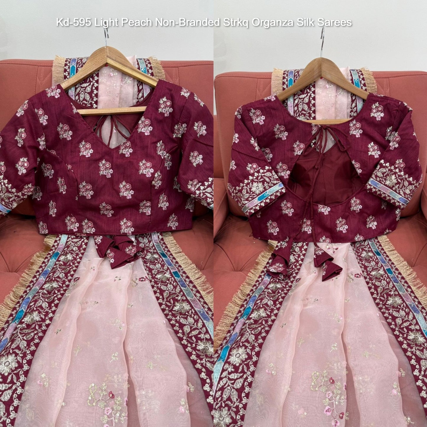Kd-595 Light Peach Non-Branded Strkq Organza Silk Sarees