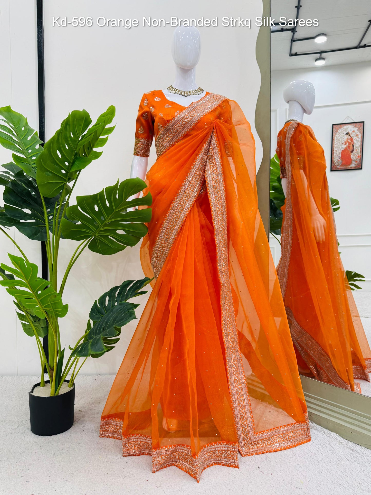 Kd-596 Orange Non-Branded Strkq Silk Sarees