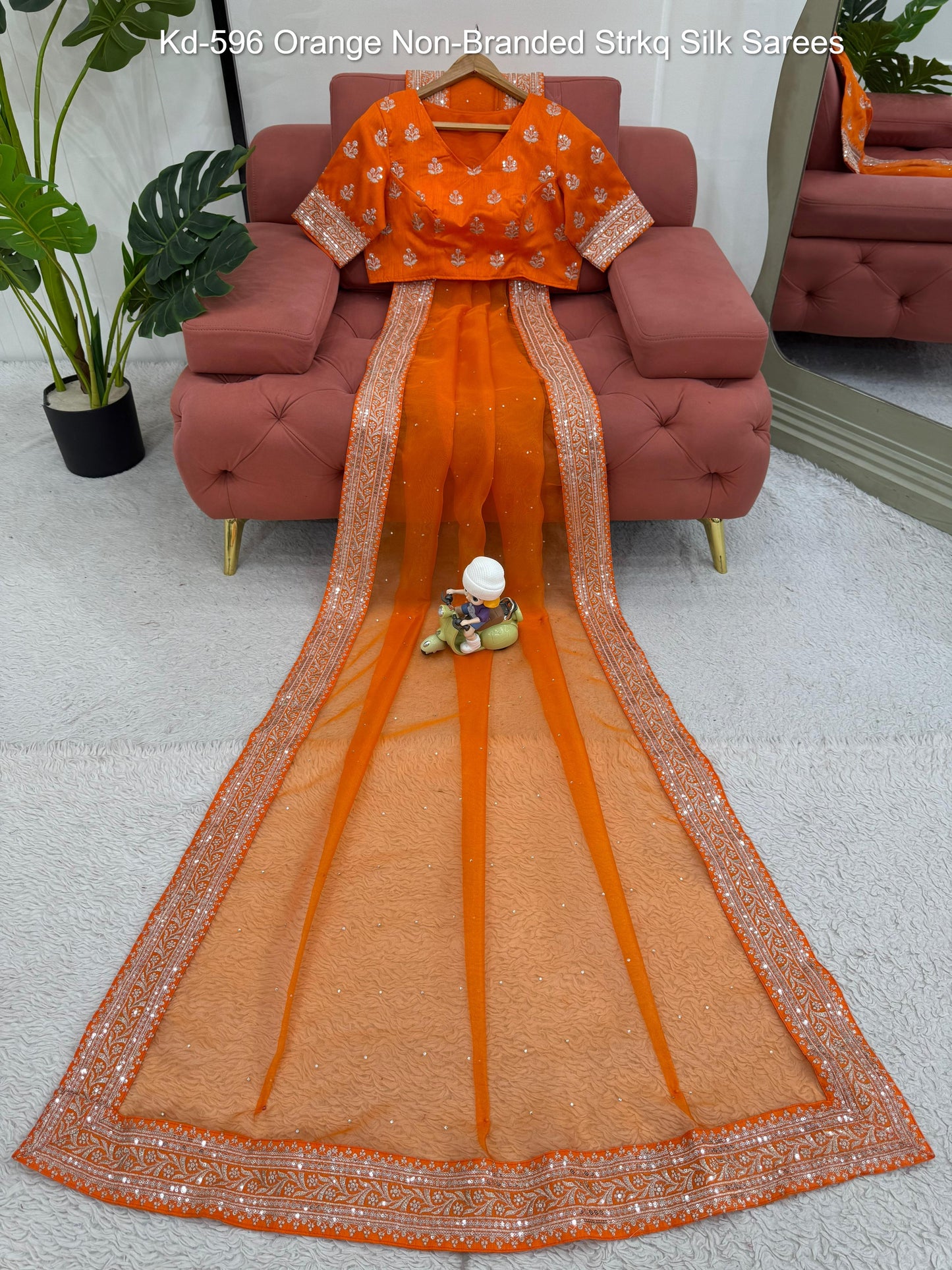 Kd-596 Orange Non-Branded Strkq Silk Sarees