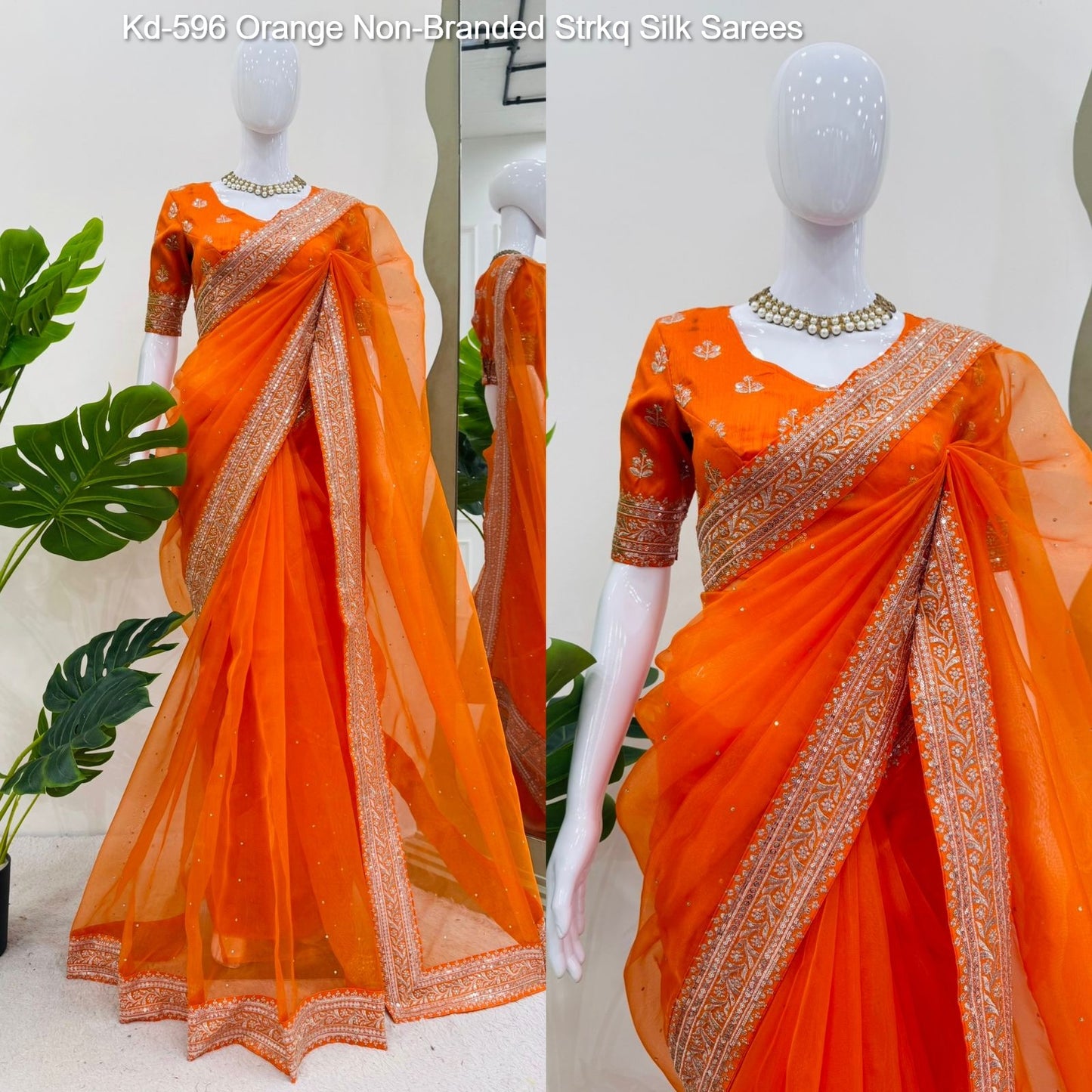 Kd-596 Orange Non-Branded Strkq Silk Sarees