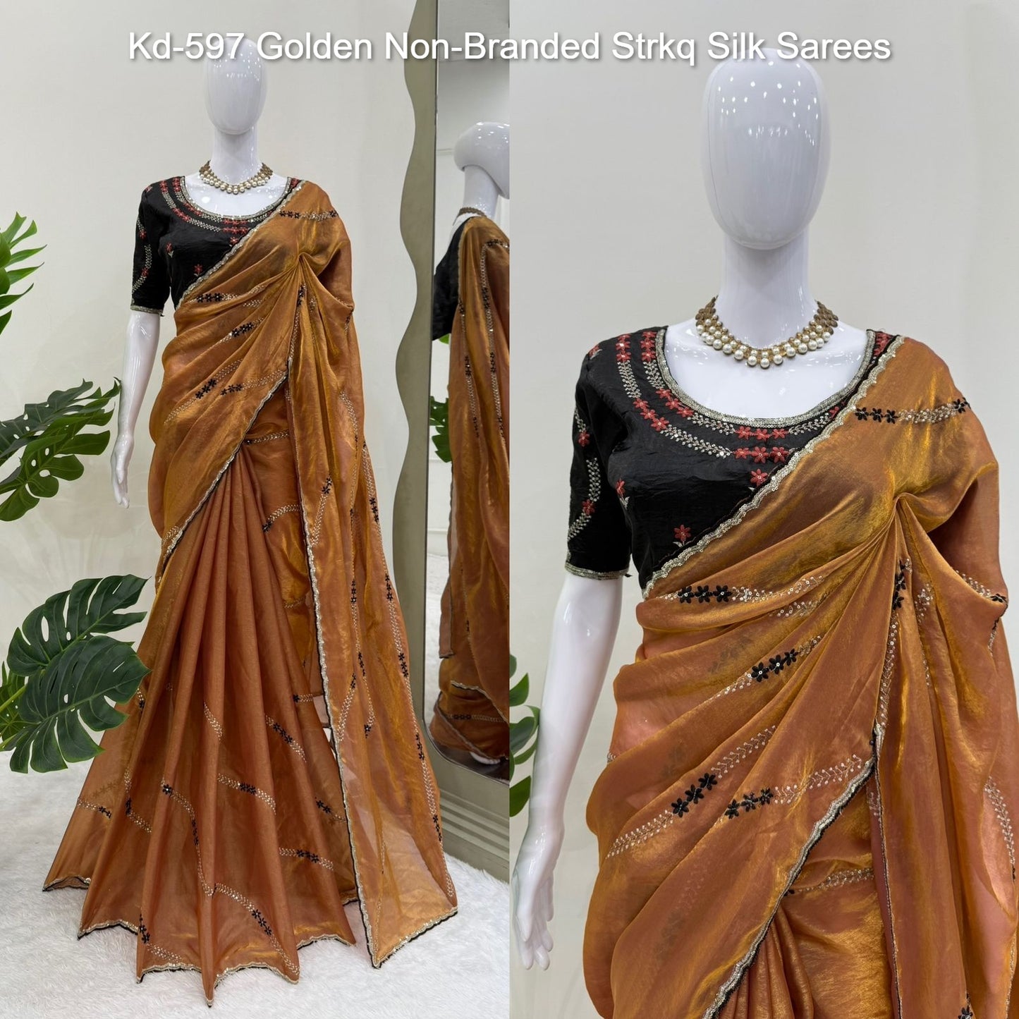 Kd-597 Golden Non-Branded Strkq Silk Sarees