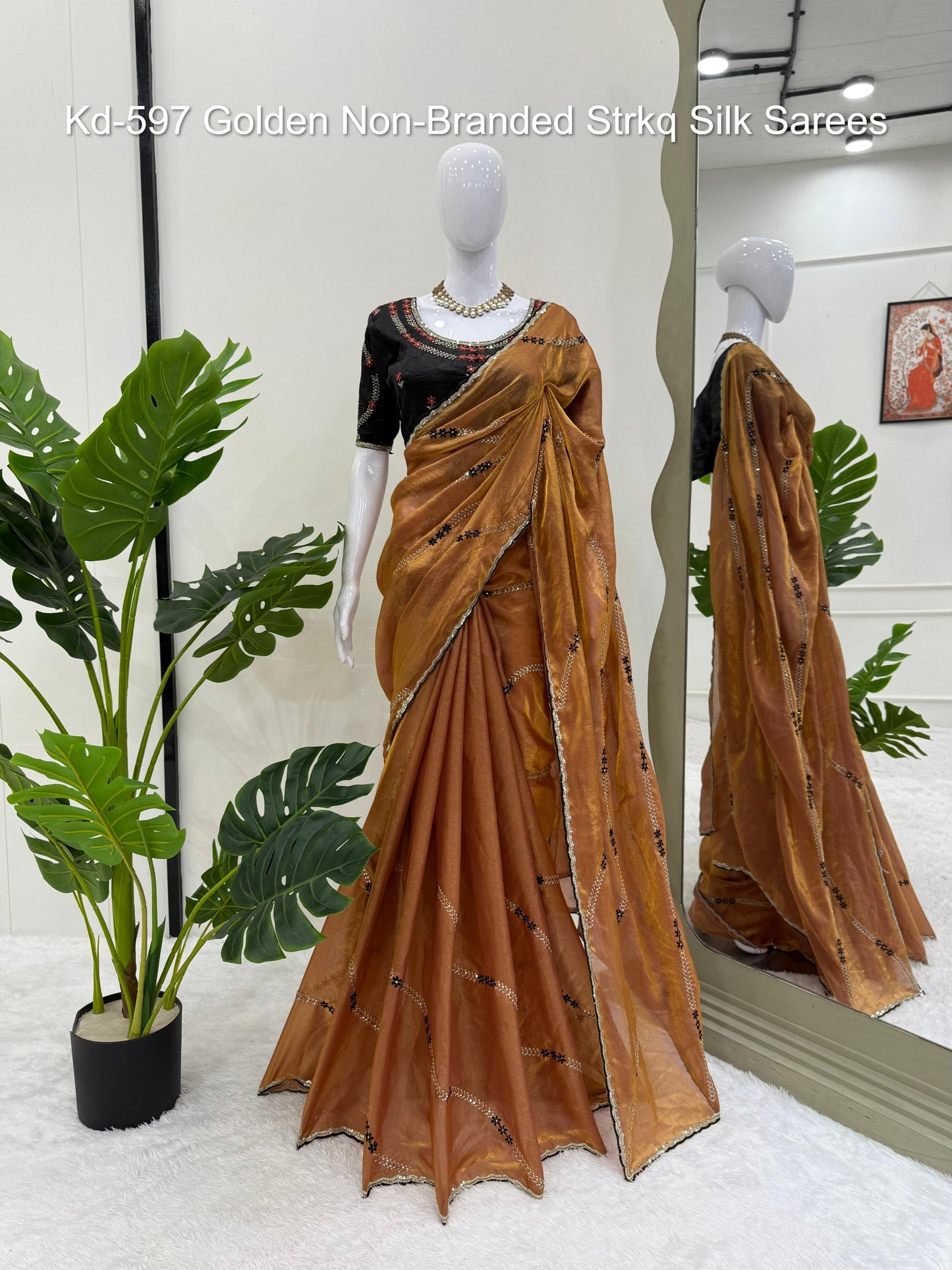 Kd-597 Golden Non-Branded Strkq Silk Sarees