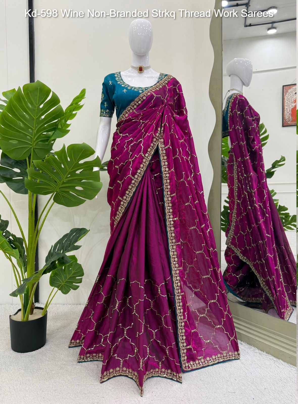 Kd-598 Wine Non-Branded Strkq Thread Work Sarees
