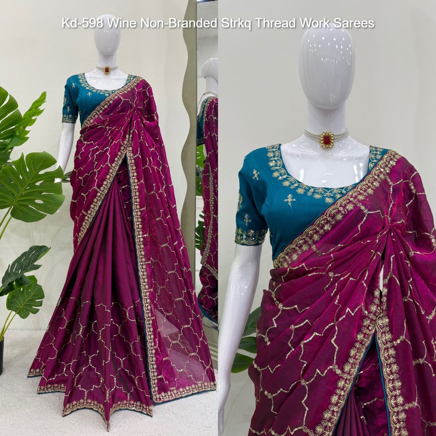 Kd-598 Wine Non-Branded Strkq Thread Work Sarees