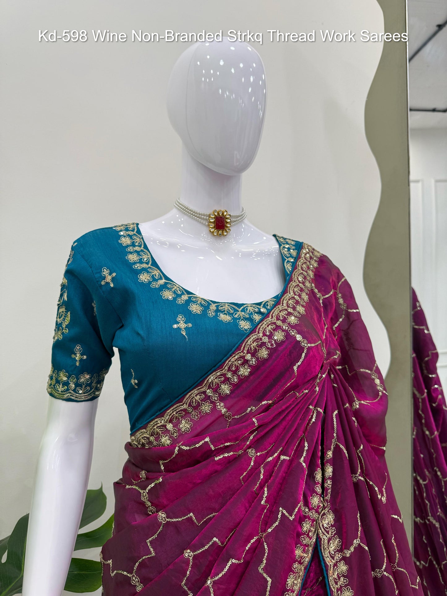 Kd-598 Wine Non-Branded Strkq Thread Work Sarees
