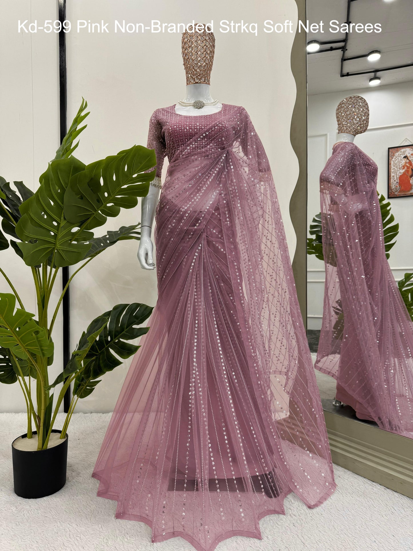 Kd-599 Pink Non-Branded Strkq Soft Net Sarees