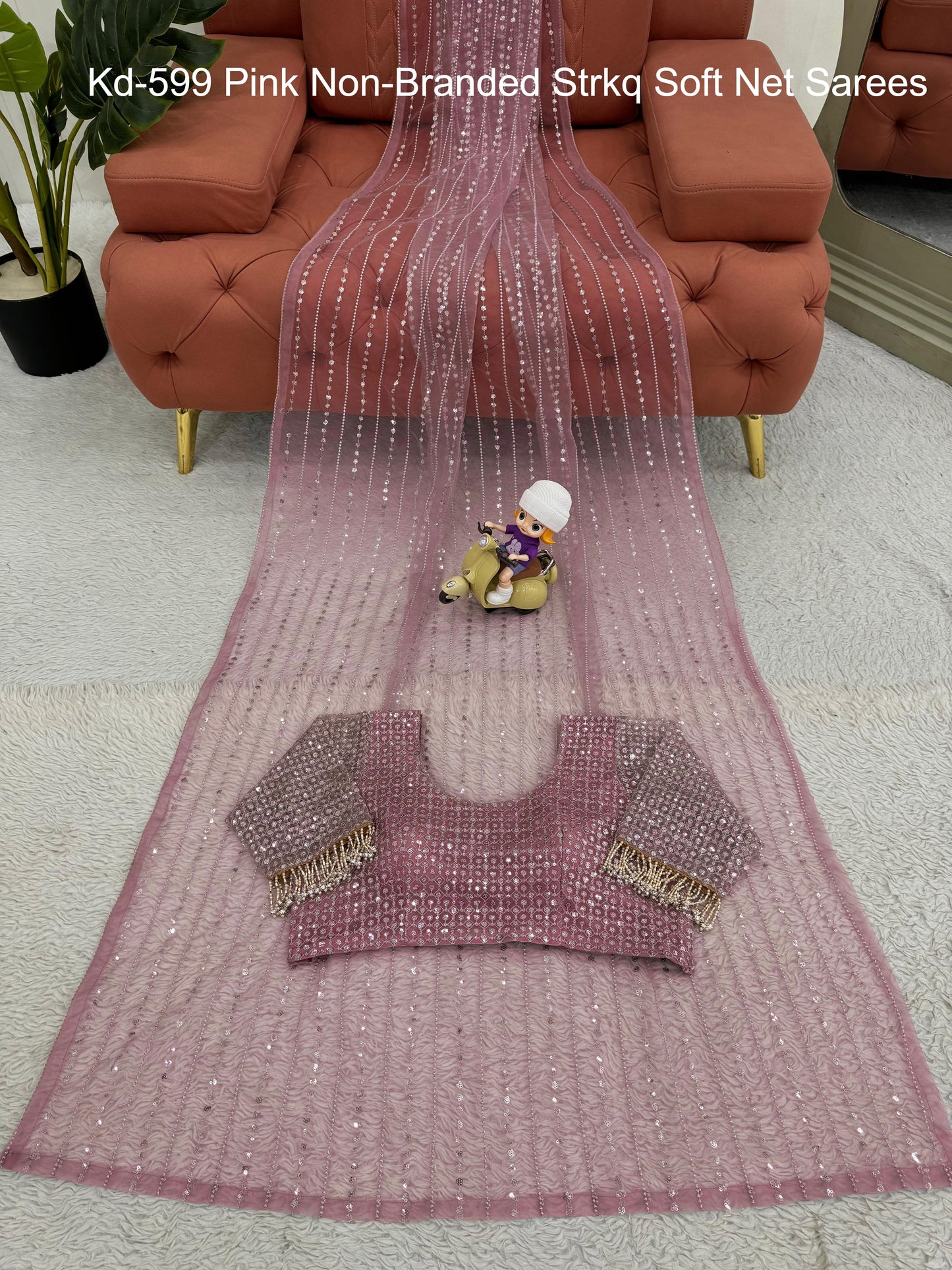 Kd-599 Pink Non-Branded Strkq Soft Net Sarees