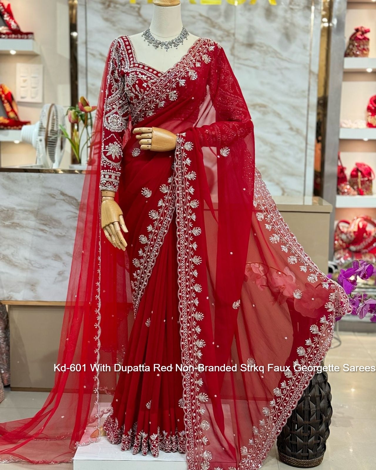 Kd-601 With Dupatta Red Non-Branded Strkq Faux Georgette Sarees