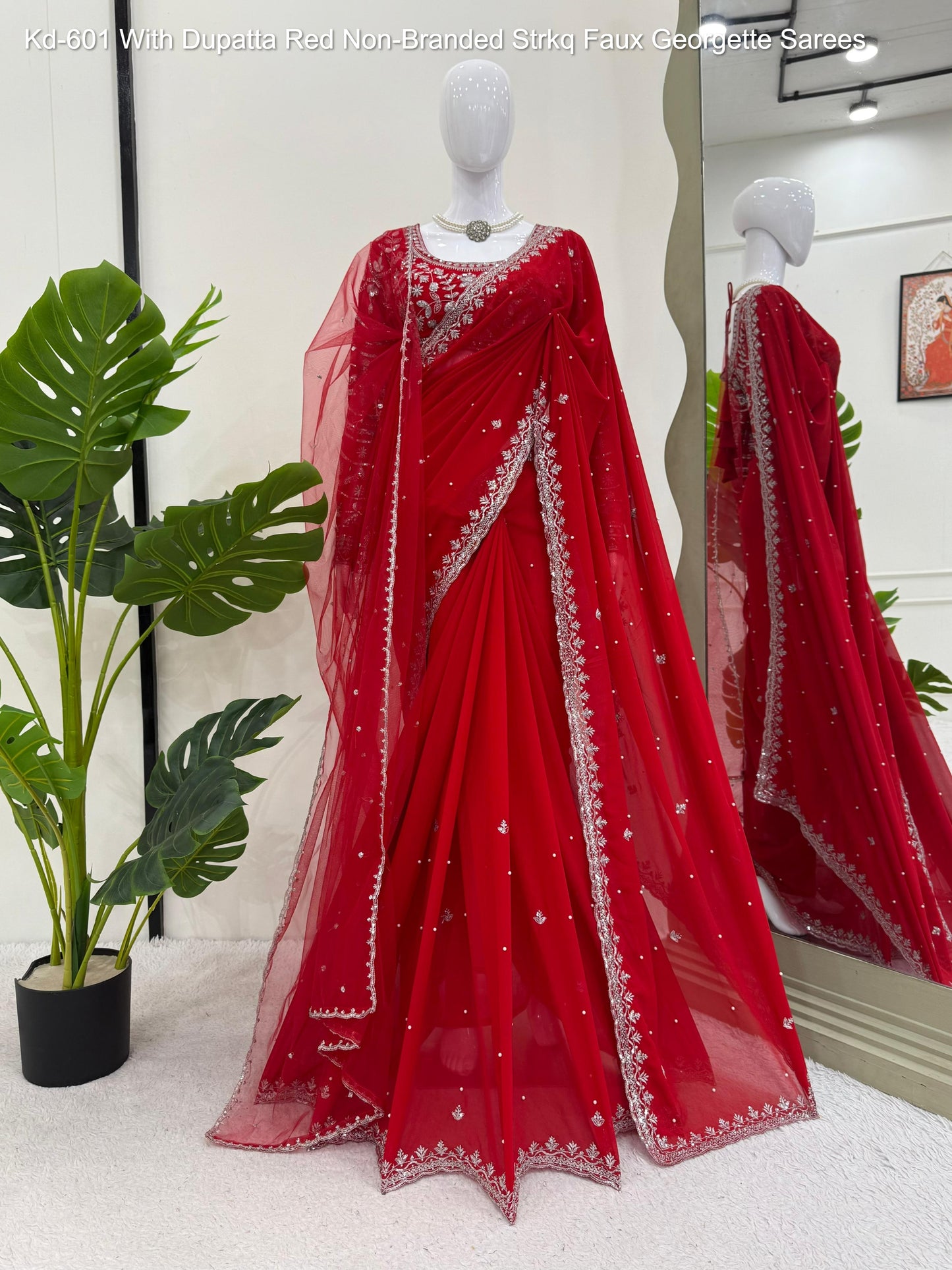 Kd-601 With Dupatta Red Non-Branded Strkq Faux Georgette Sarees