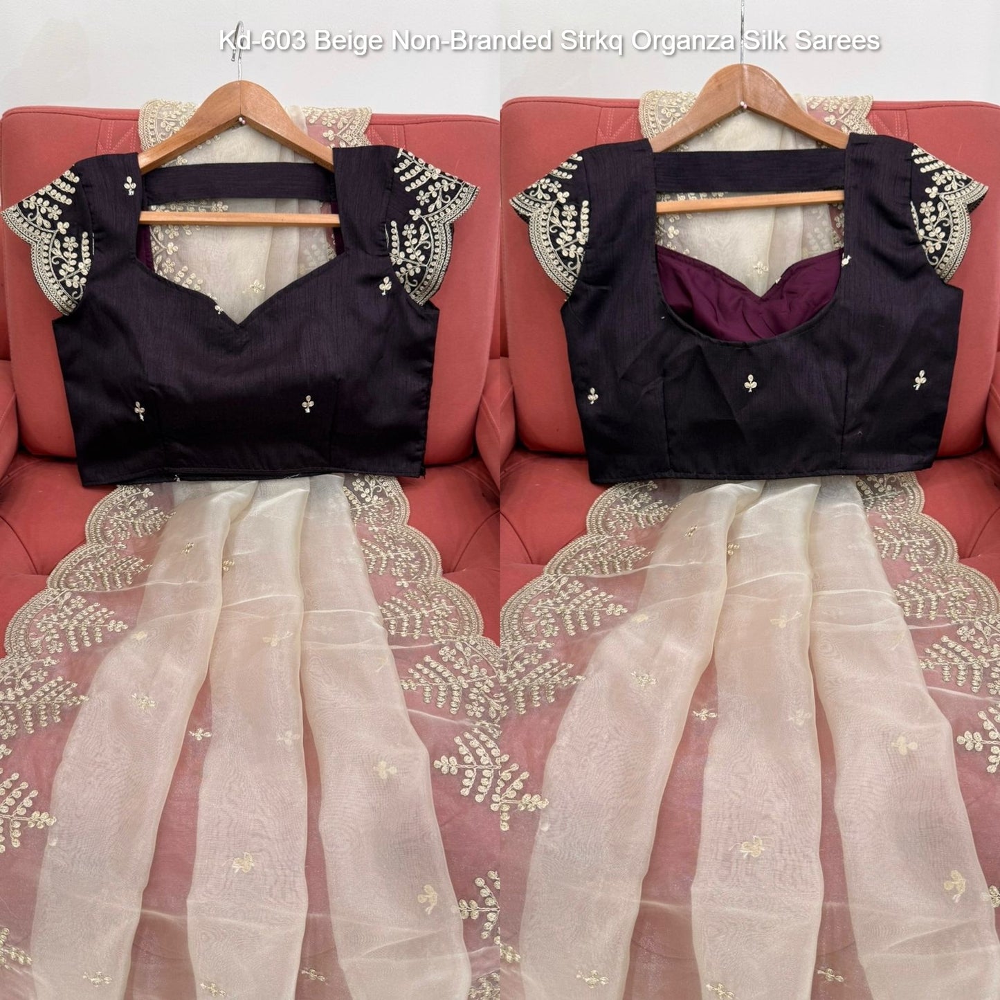 Kd-603 Beige Non-Branded Strkq Organza Silk Sarees