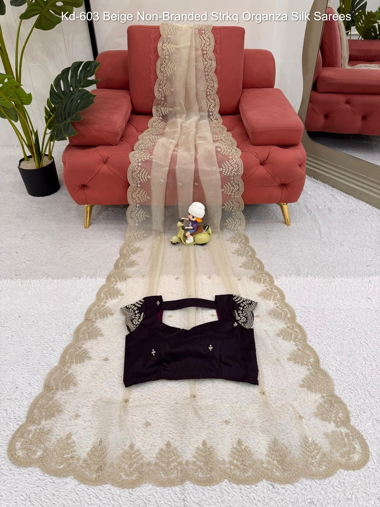 Kd-603 Beige Non-Branded Strkq Organza Silk Sarees