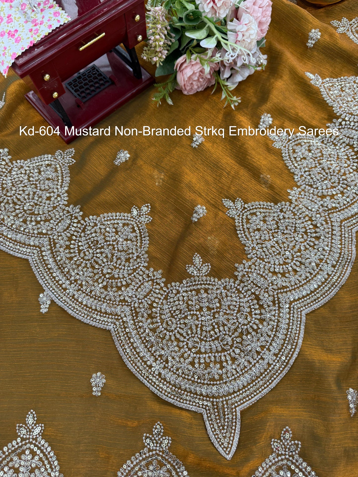 Kd-604 Mustard Non-Branded Strkq Embroidery Sarees