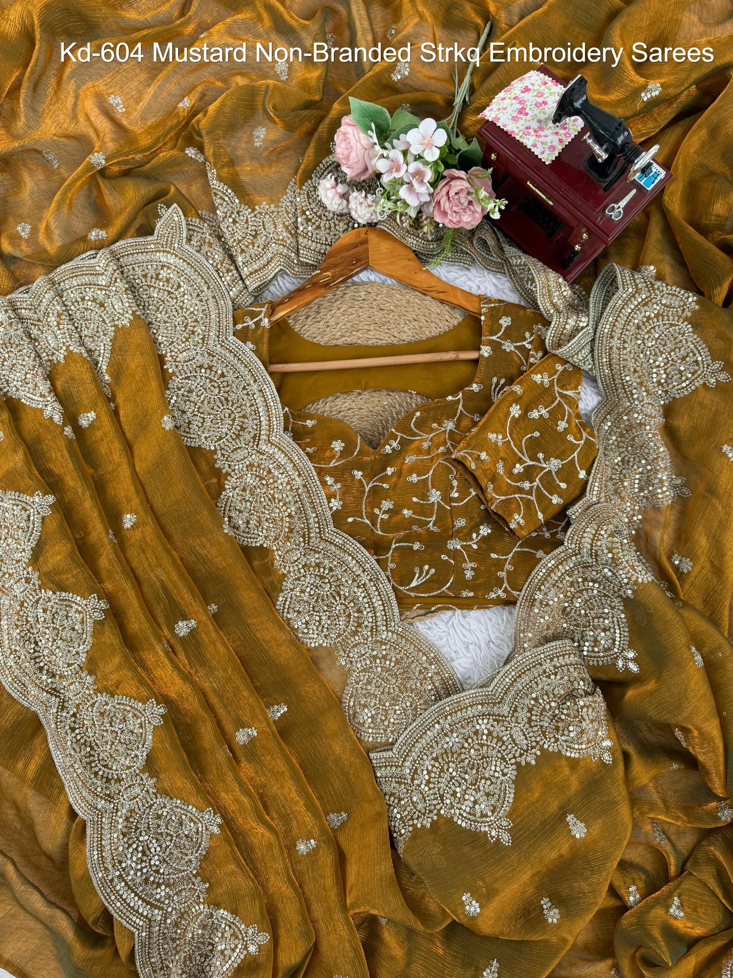 Kd-604 Mustard Non-Branded Strkq Embroidery Sarees