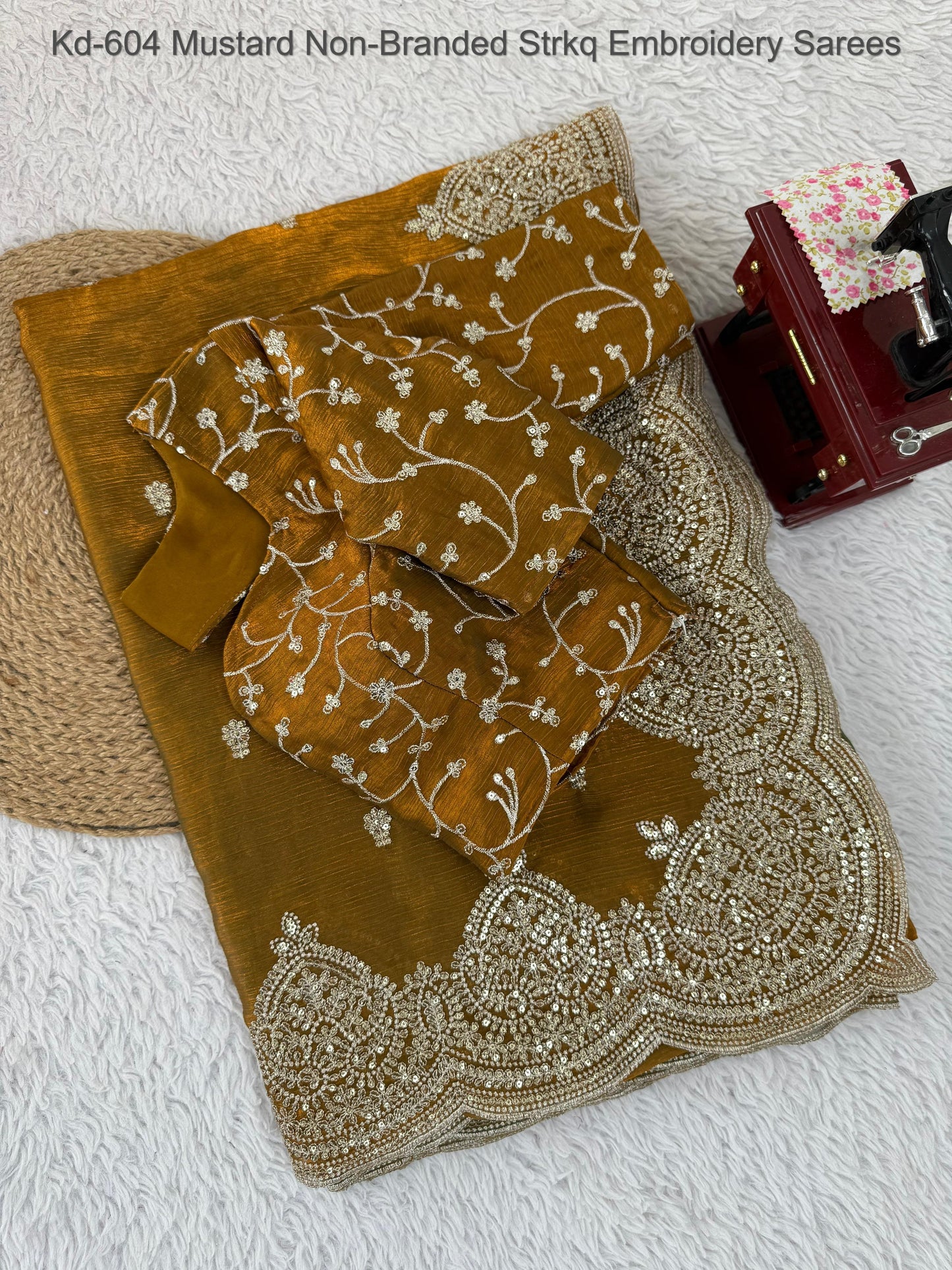 Kd-604 Mustard Non-Branded Strkq Embroidery Sarees