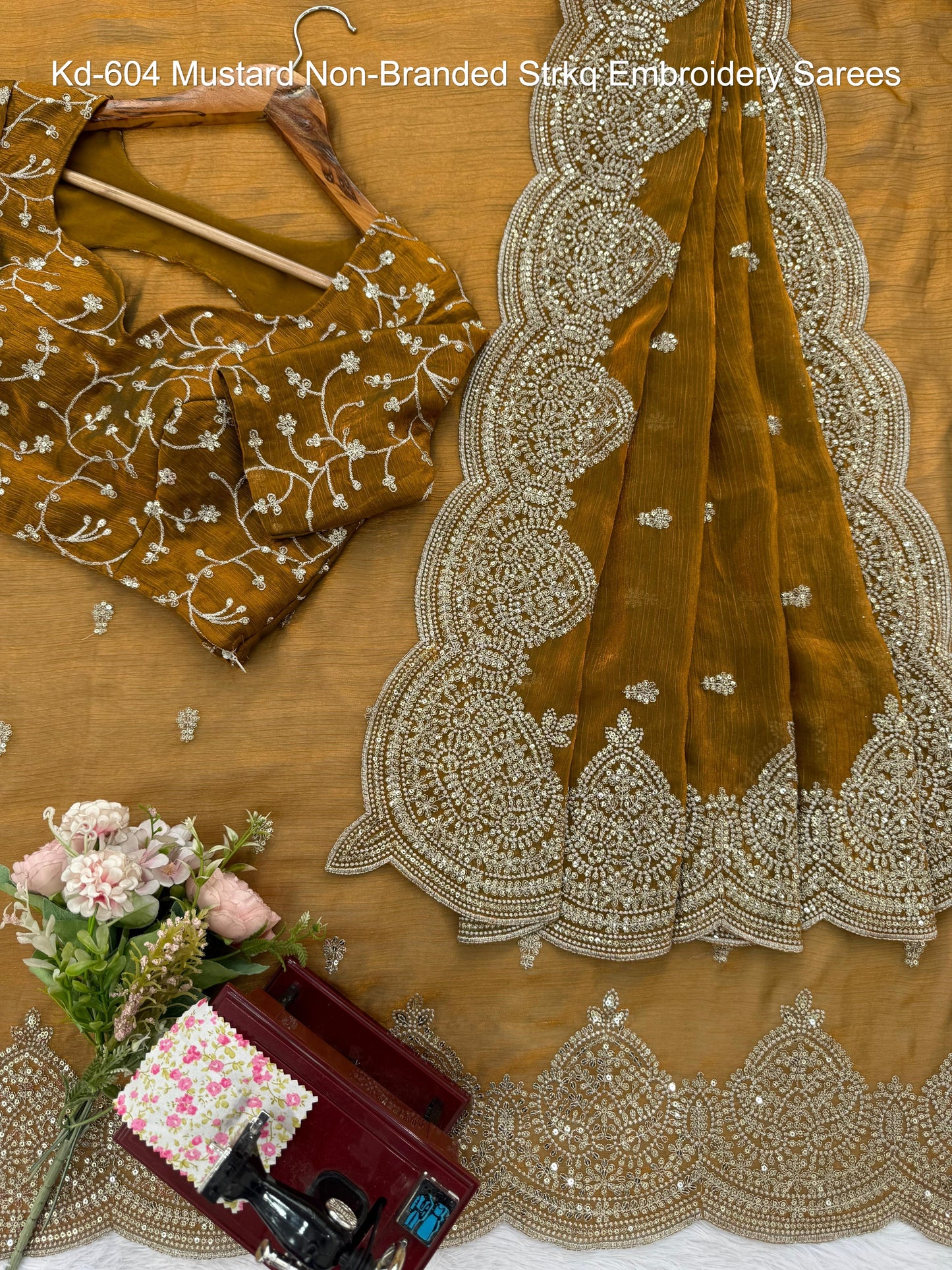 Kd-604 Mustard Non-Branded Strkq Embroidery Sarees