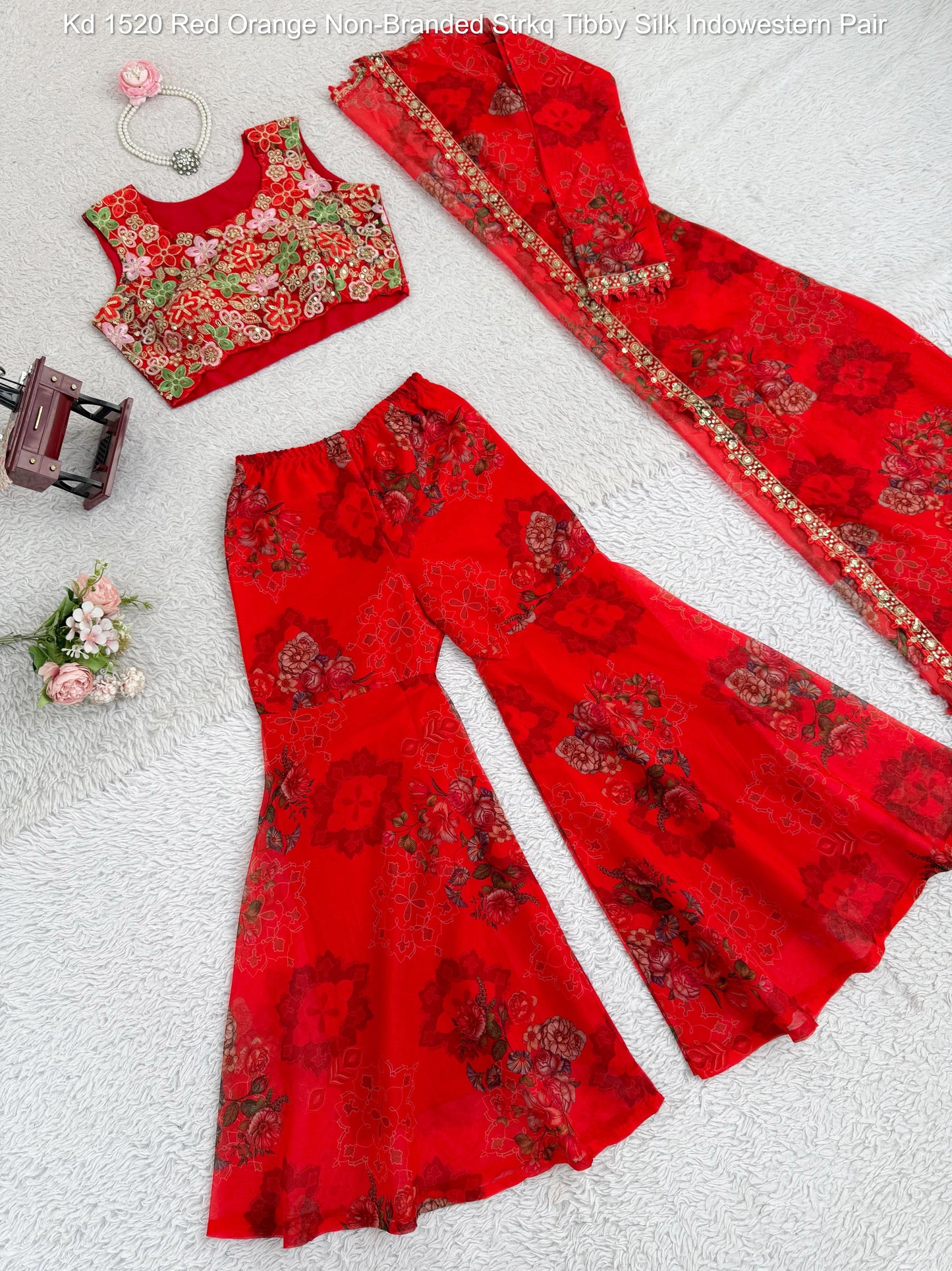 Kd 1520 Red Orange Non-Branded Strkq Tibby Silk Indowestern Pair