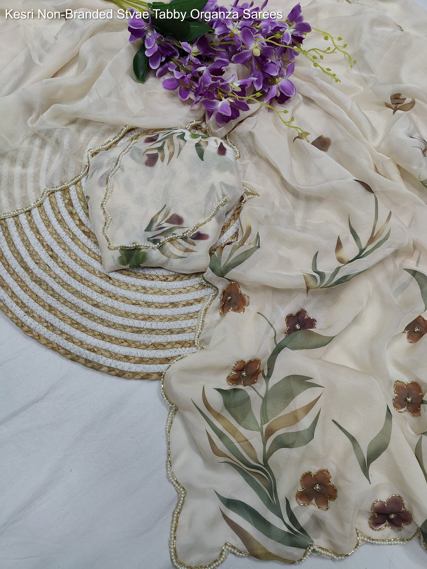 Kesri Non-Branded Stvae Tabby Organza Sarees
