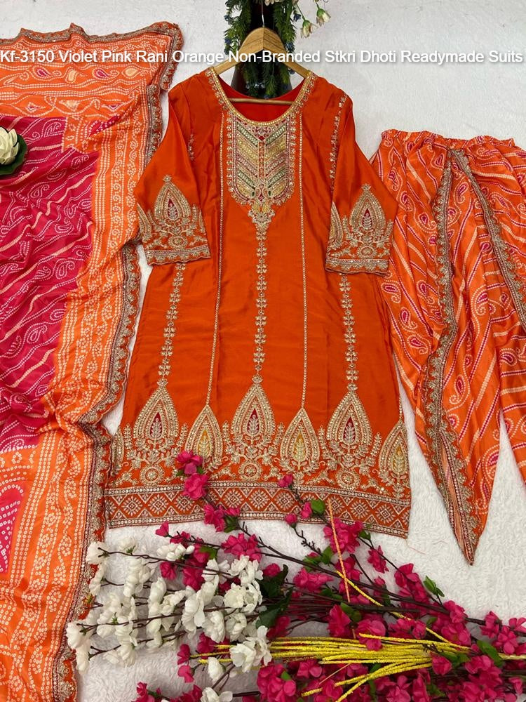 Kf-3150 Violet Pink Rani Orange Non-Branded Stkri Dhoti Readymade Suits