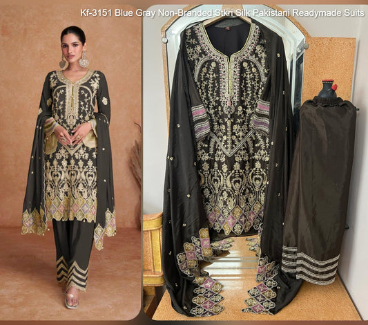 Kf-3151 Blue Gray Non-Branded Stkri Silk Pakistani Readymade Suits