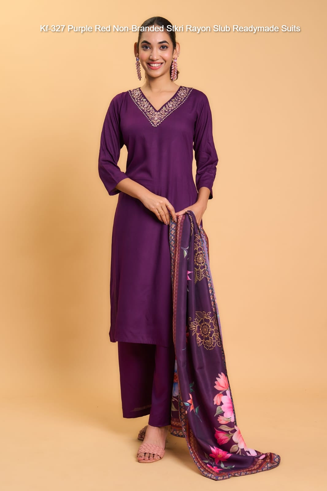 Kf-327 Purple Red Non-Branded Stkri Rayon Slub? Readymade Suits