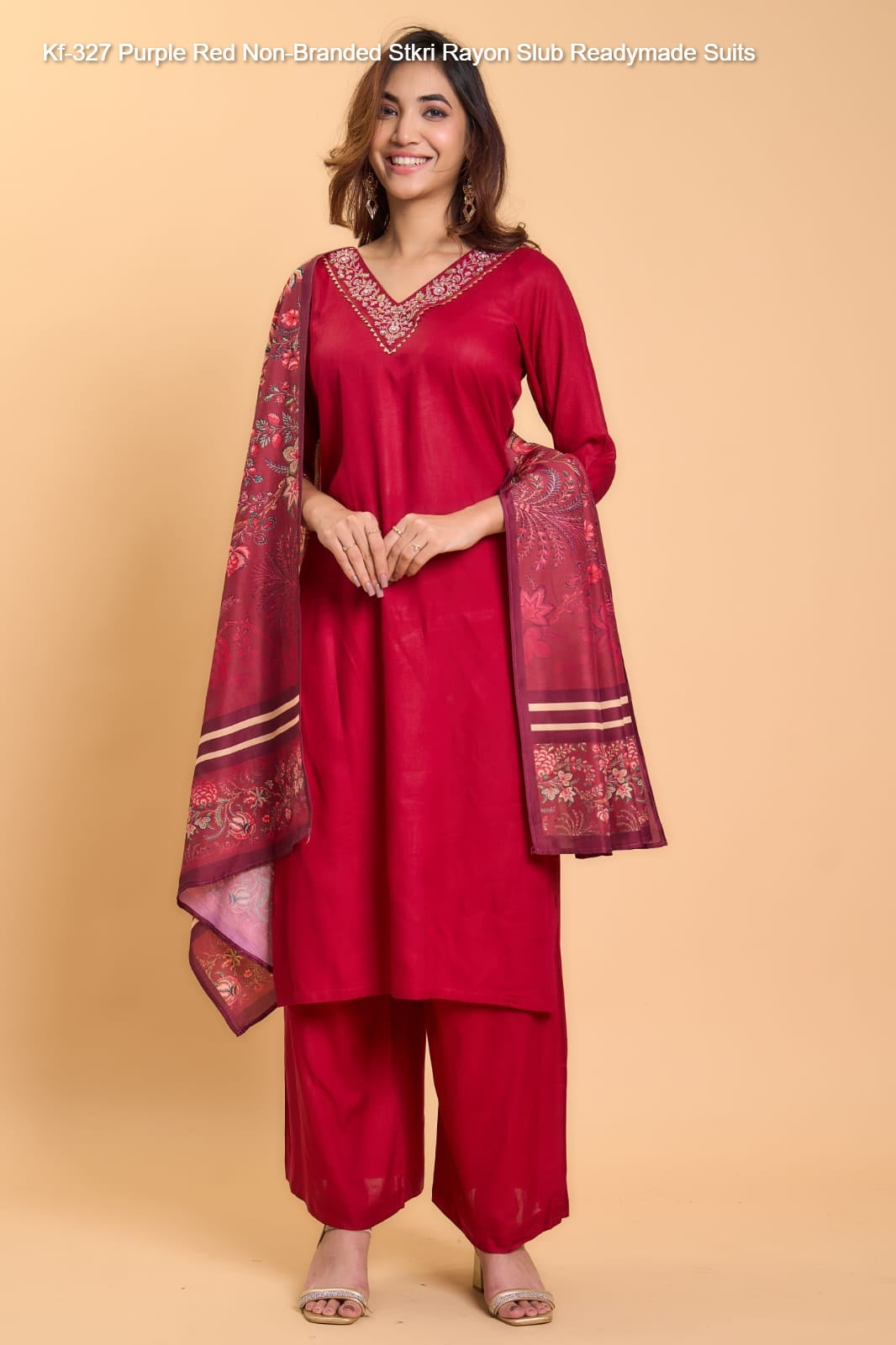 Kf-327 Purple Red Non-Branded Stkri Rayon Slub? Readymade Suits