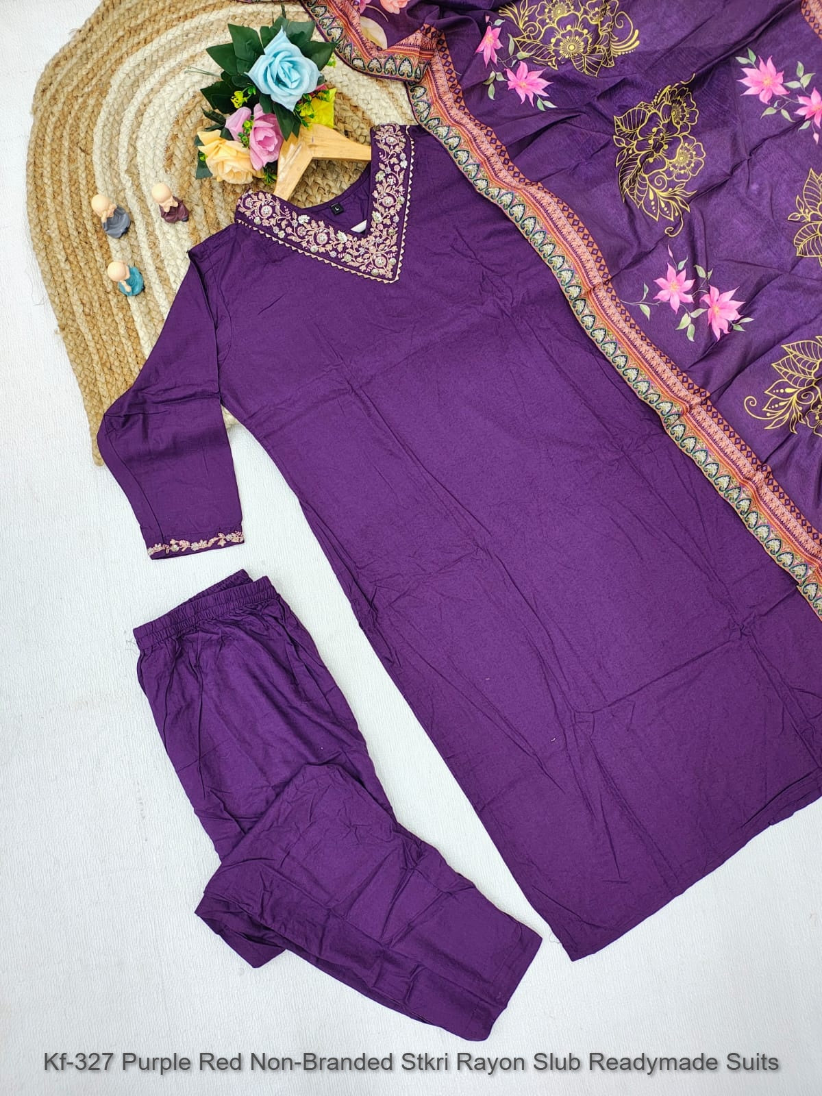 Kf-327 Purple Red Non-Branded Stkri Rayon Slub? Readymade Suits