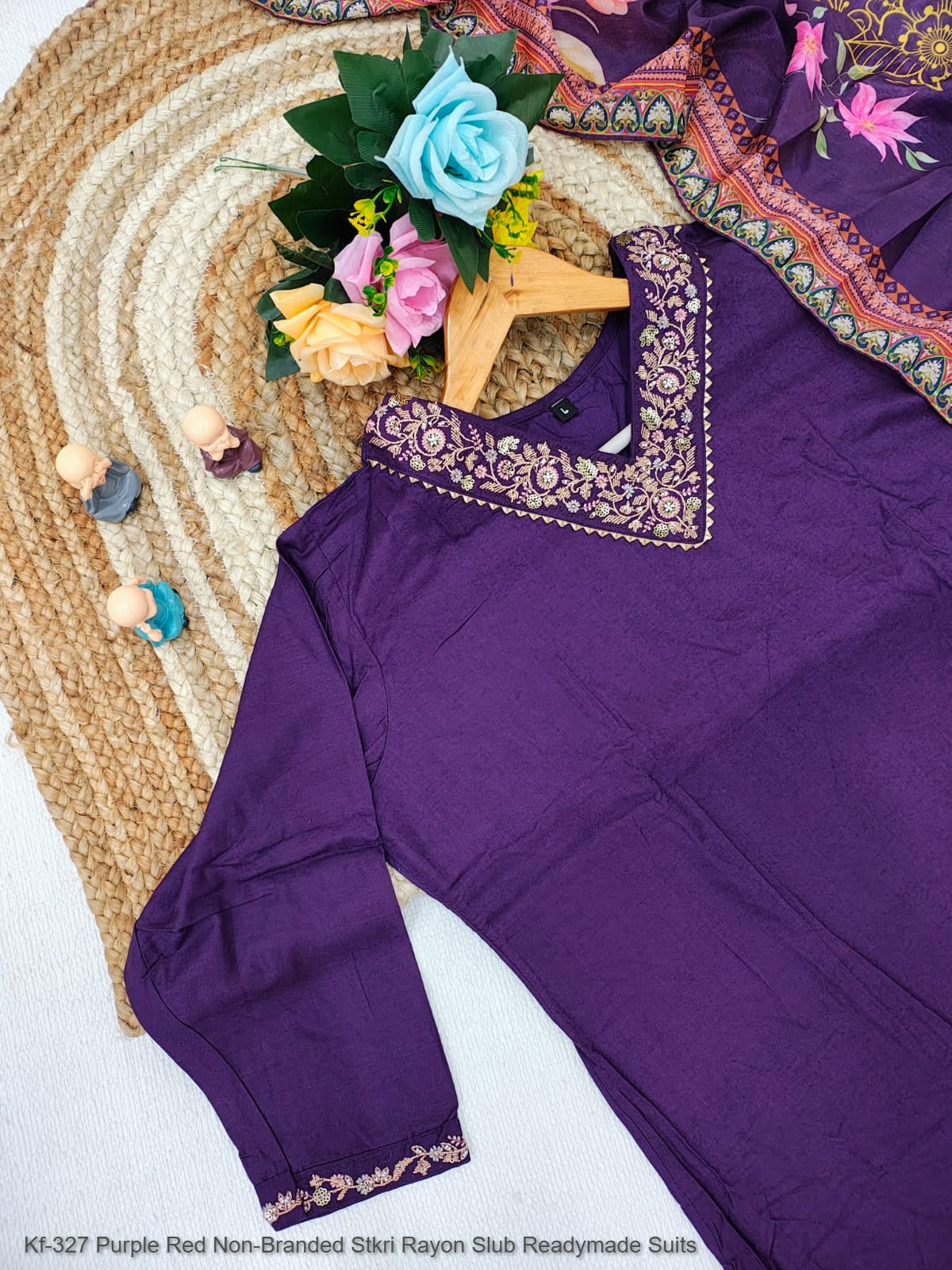 Kf-327 Purple Red Non-Branded Stkri Rayon Slub? Readymade Suits