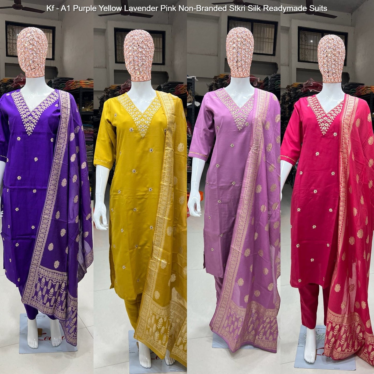 Kf - A1 Purple Yellow Lavender Pink Non-Branded Stkri Silk Readymade Suits