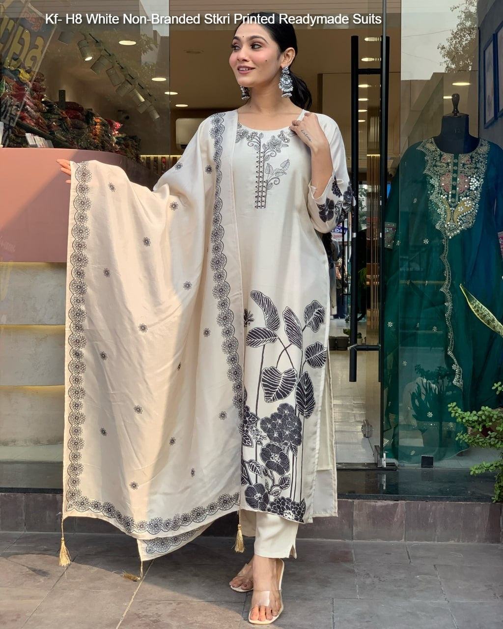 Kf- H8 White Non-Branded Stkri Printed Readymade Suits