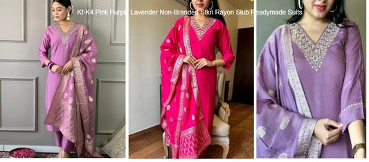Kf-K4 Pink Purple Lavender Non-Branded Stkri Rayon Slub Readymade Suits