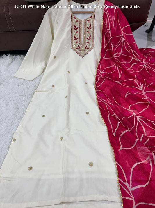 Kf-S1 White Non-Branded Stkri Embroidery Readymade Suits