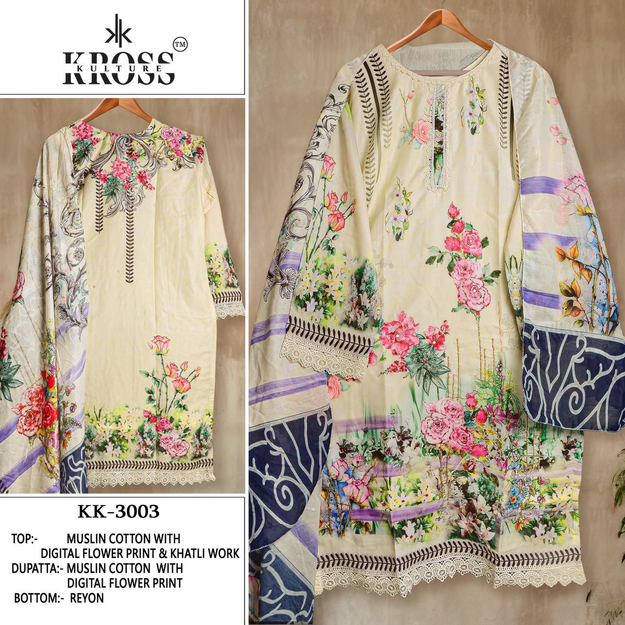 Kk-3003 Kross Kulture Muslin Karachi Unstitched Suits