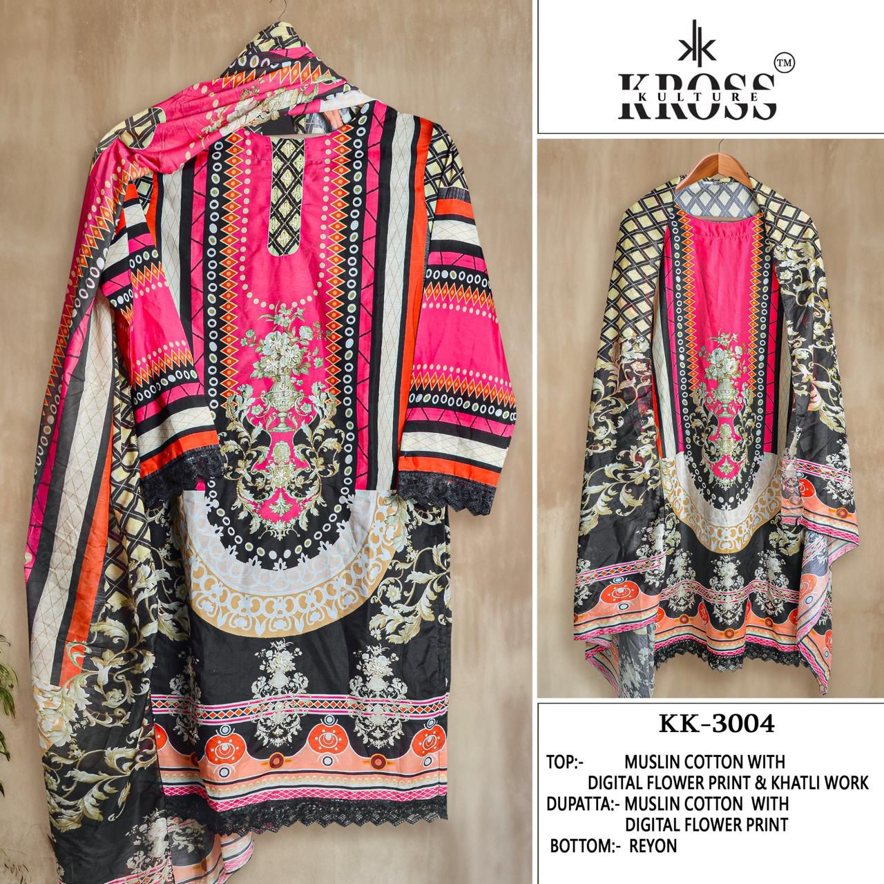 Kk-3004 Kross Kulture Muslin Karachi Unstitched Suits