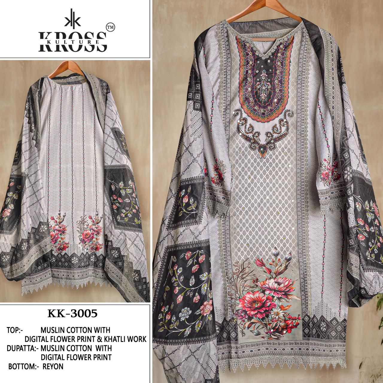Kk-3005 Kross Kulture Muslin Karachi Unstitched Suits