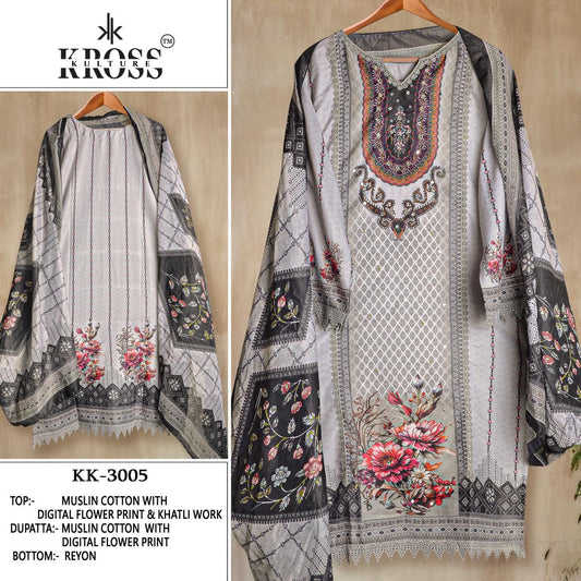 Kk-3005 Kross Kulture Muslin Karachi Unstitched Suits