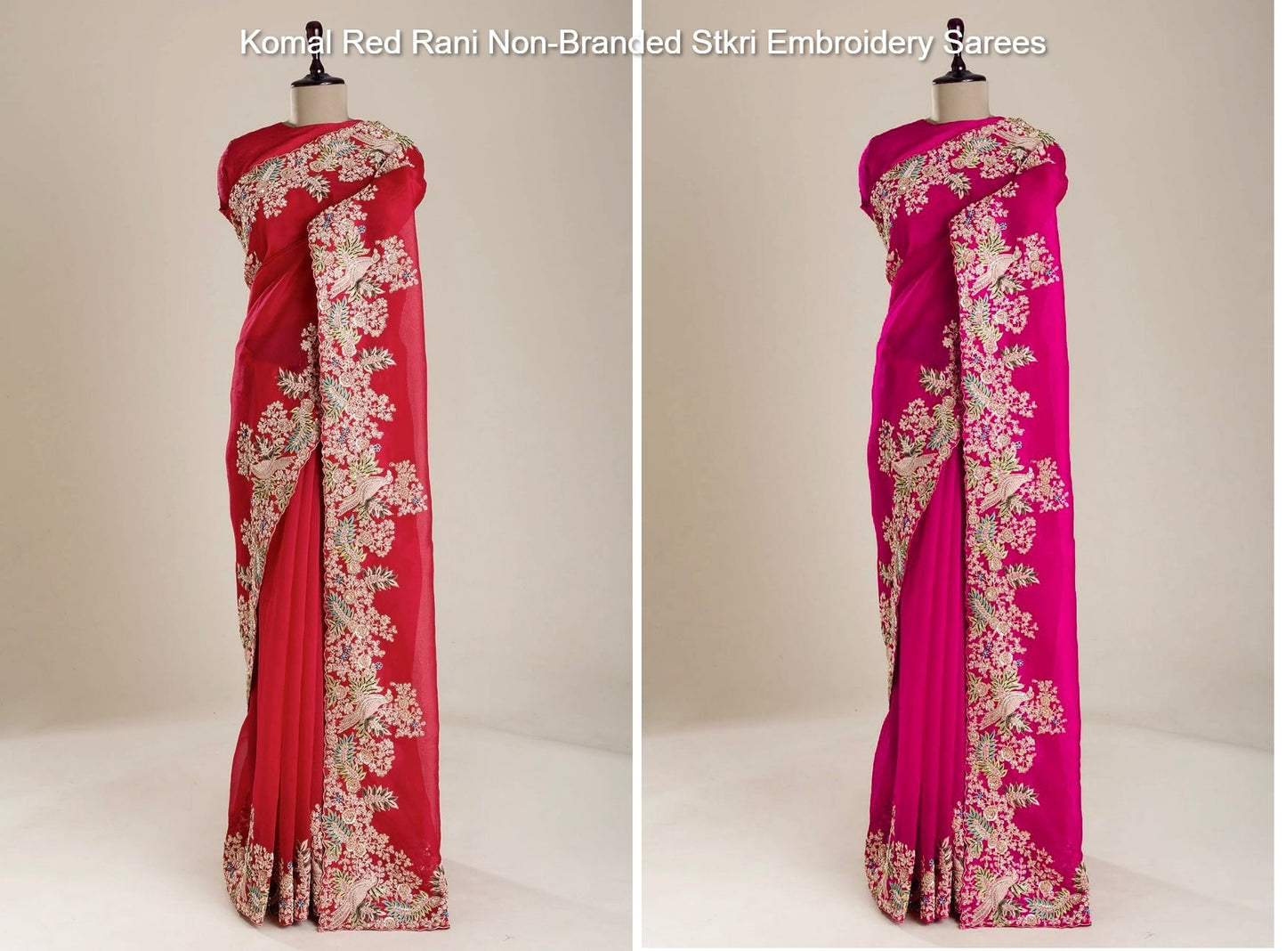 Komal Red Rani Non-Branded Stkri Embroidery Sarees