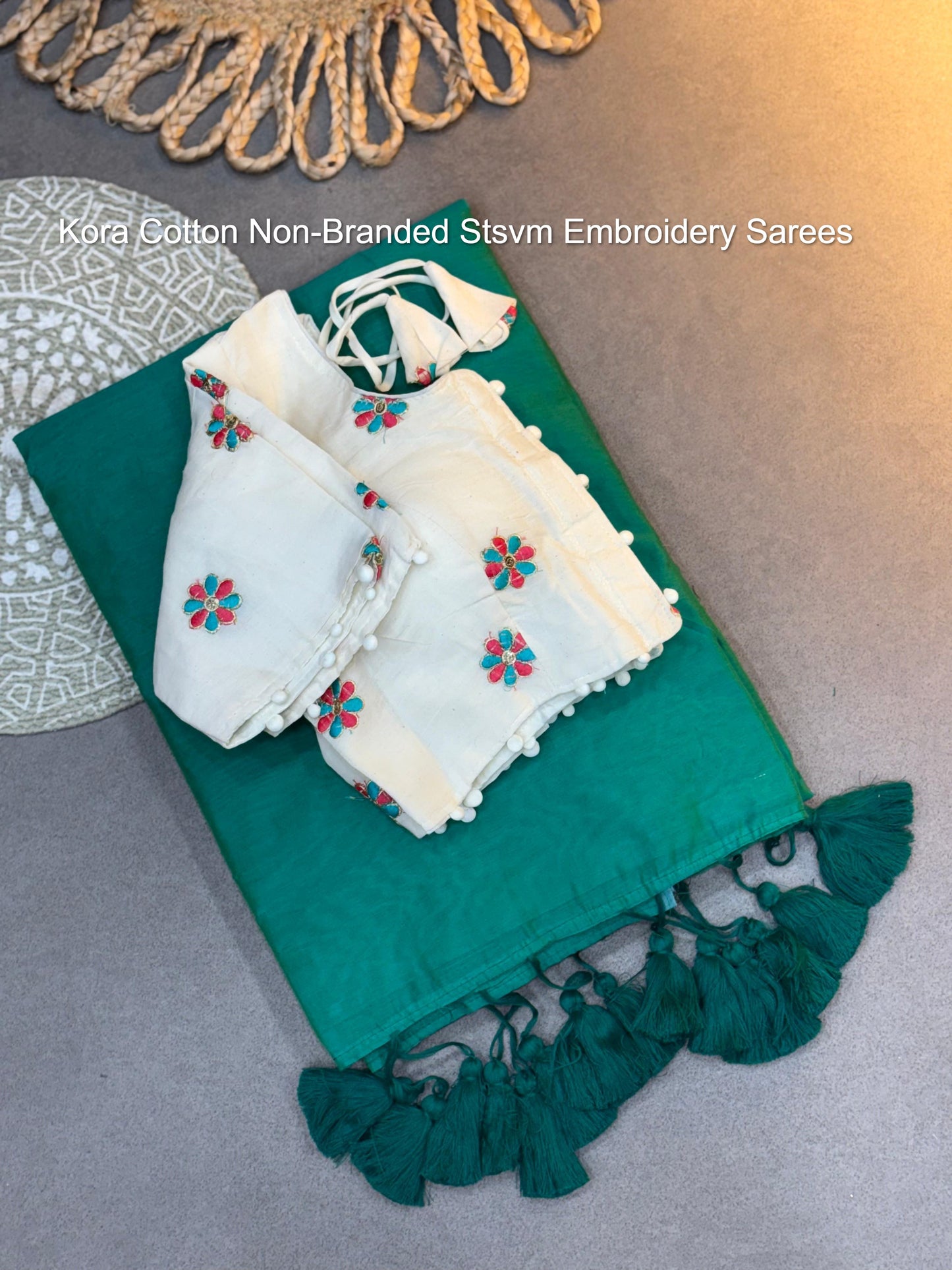 Kora Cotton Non-Branded Stsvm Embroidery Sarees