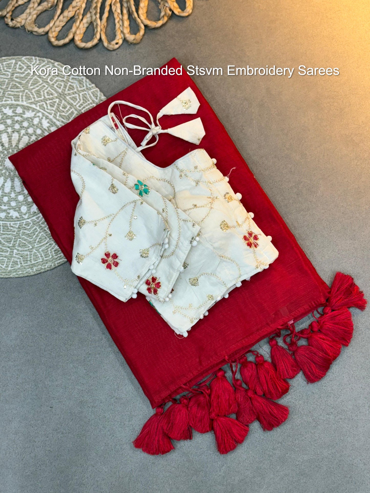 Kora Cotton Non-Branded Stsvm Embroidery Sarees
