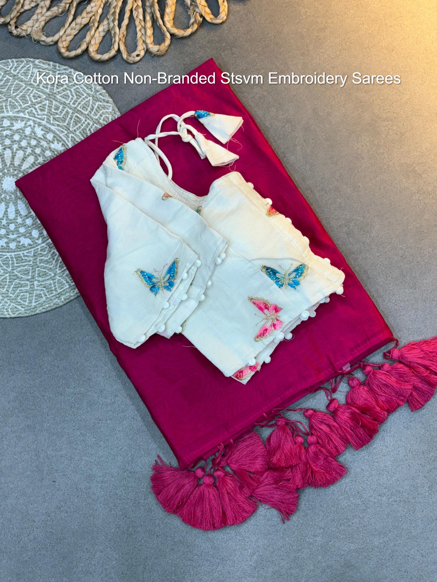Kora Cotton Non-Branded Stsvm Embroidery Sarees