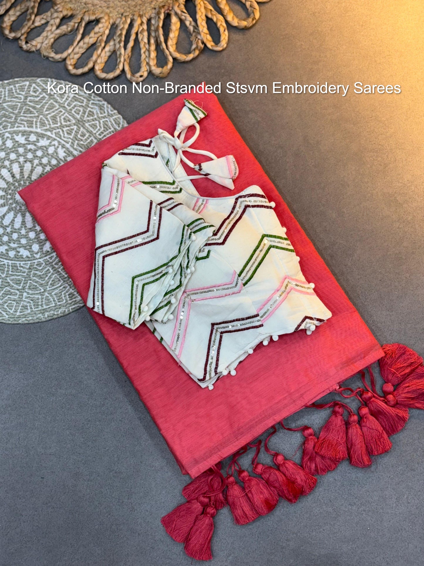 Kora Cotton Non-Branded Stsvm Embroidery Sarees
