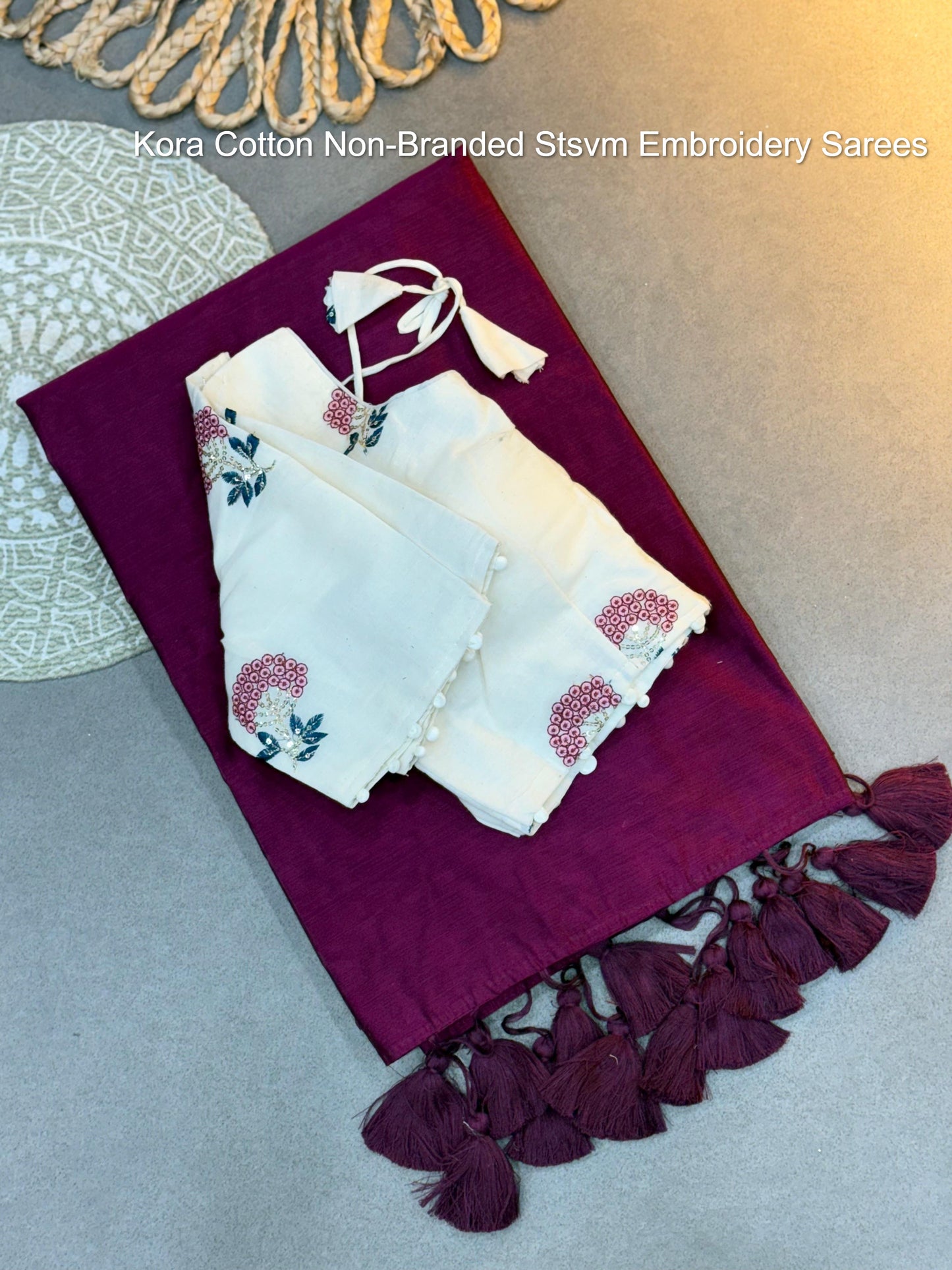 Kora Cotton Non-Branded Stsvm Embroidery Sarees