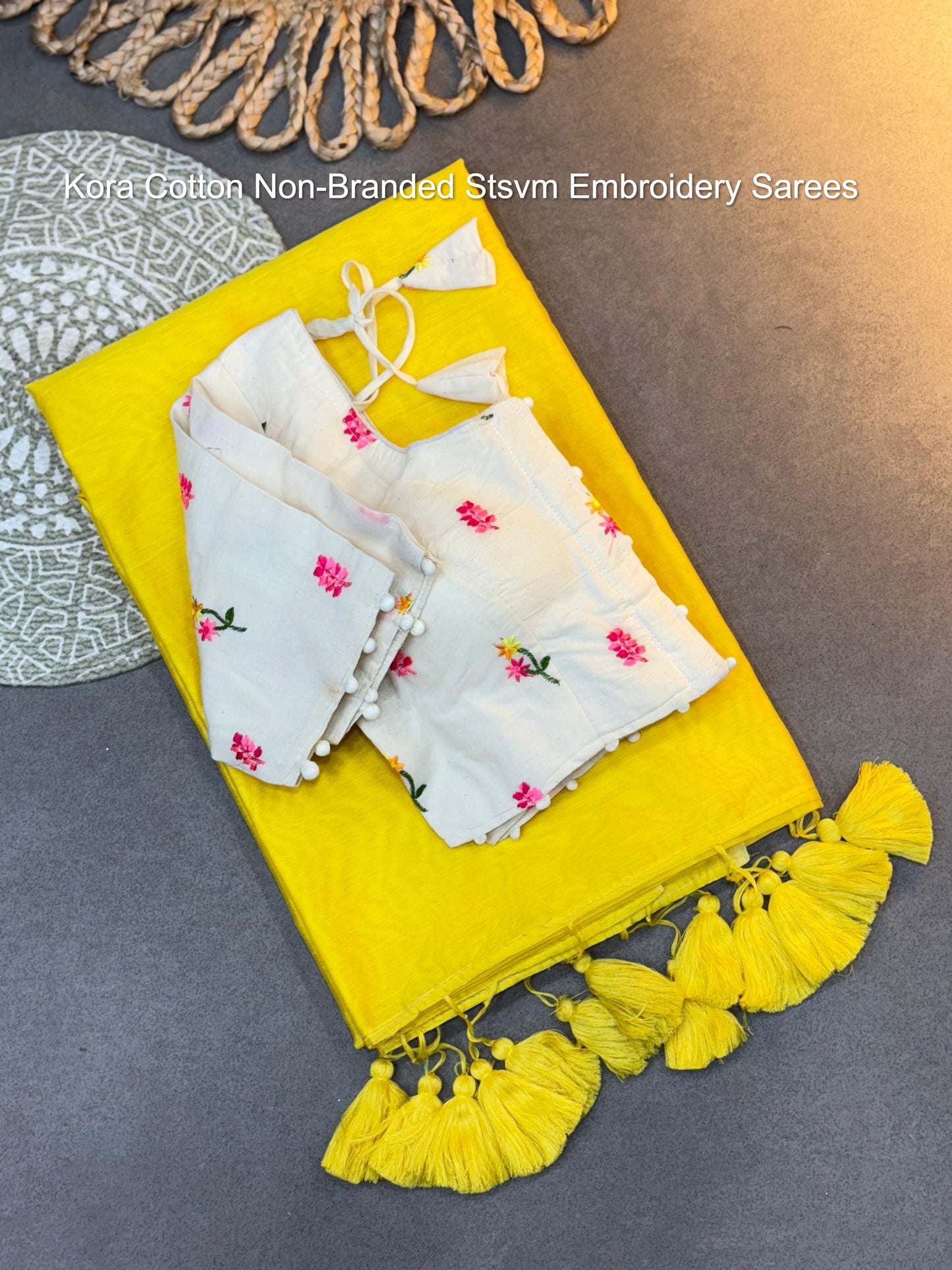 Kora Cotton Non-Branded Stsvm Embroidery Sarees