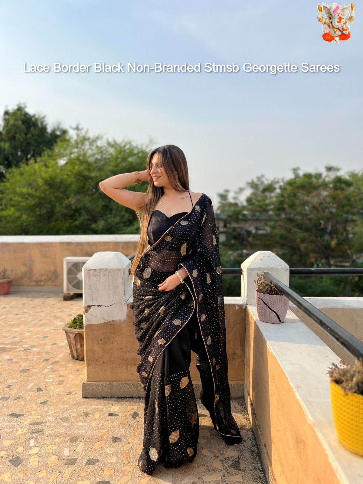 Lace Border Black Non-Branded Stmsb Georgette Sarees
